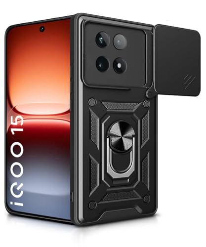 Image of AIBEX Back Cover Compatible for iQOO 15 5G | D10 Tough Armor Case | Sliding Camera Shield | 360 Protection | Kickstand Ring Holder | Military-Grade Bumper Case - Black