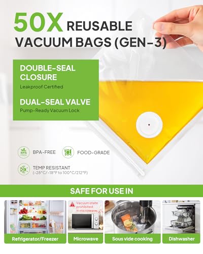 Image of Reusable Vacuum Sealer Bags 20-Pack (Small 8.27x8.66 in) - BPA-Free Double-Seal Leakproof | Compatible with TUITUITA & Major Sealers | Freezer /Microwave /Dishwasher Safe