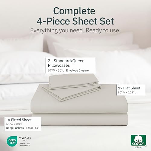 Image of Super Soft 100% Cotton Queen Size Sheets, 4 Pc Set, Beige | Lightweight & Breathable For Hot Sleepers, 14 inch Deep Pocket, All-Around Elastic, Durable, Easy Care, OekoTex Certified