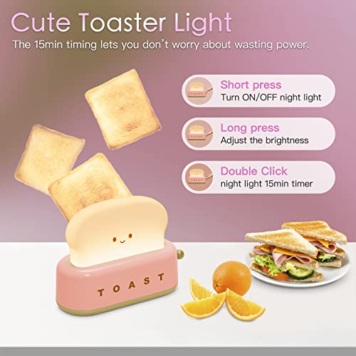 Image of One94Store Plastic Cute Toast Night Lamp for Kids | Rechargeable LED Bedside Table Light with Smile Face | Kawaii Desk Lamp for Bedroom, Nursery, Study & Gift Decor Pink