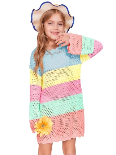 Image of Batermoon Girls Crochet Long Sleeve Swimsuit Cover Up Kids Fashion Hollow Out Swimwear Beach Dress 5-14 Years