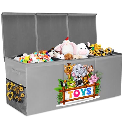SiliFine Caja de juguetes extra grande con tapa, 3 compartimentos, asas de 40.35 x 14 x 16.3 pulgadas, baúl de juguetes para niños y niñas, contenedores de almacenamiento plegables resistentes para