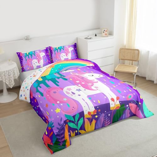 Image of Feelyou Cute Rainbow Unicorn Comforter Twin Size, Girls Cute Unicorn Comforter for Kids Toddler Rainbow Star Galaxy Stars Fantasy Bedding Set Purple Dreamy Horse Printed Duvet Set Microfiber Bed Set