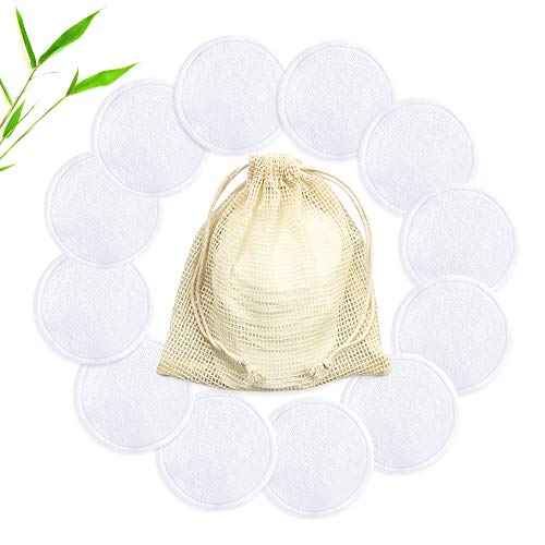 Reusable Makeup Remover Pads, CHPRETY Natural Bamboo Fiber Makeup Cotton Pad 12PCS Washable Soft Cotton Rounds Facial Cleaning Puffs for Sensitive Skin Daily Cosmetics Cleaning