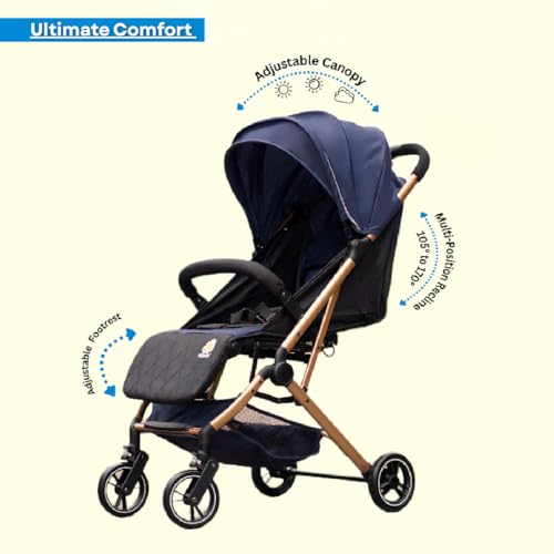 Image of Travel Mate Baby Stroller - Pre-Installed, Lightweight, Compact & Travel-Friendly | One-Hand Fold | Full Recline & 5-Point Harness | Newborn to Toddler (0-3 Yrs) | Elegant Rose Gold Frame - Blue
