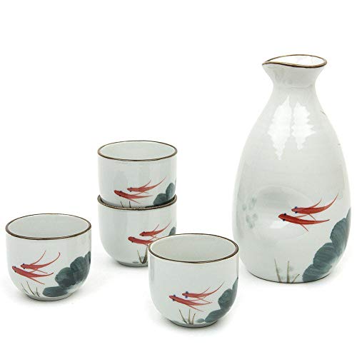 Sake Set Japanese Gifts 5 Pieces Traditional Japanese Sake Cup Set Hand Painted Design Porcelain Pottery Ceramic Cups Crafts Wine Glasses (Red Fish, 300 ML)