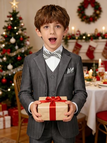 Image of Boy Suits Stripe Tuxedo Suit Set Complete Outfit Formal Wedding Party Wear Ring Bearer Outfit