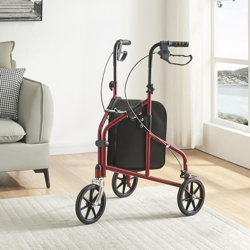 Panana Lightweight 3 Wheels Folding Mobility Walker,Comfortable Mobility Aid with Lockable Brakes for Elderly and Handicapped Users (Red Color)