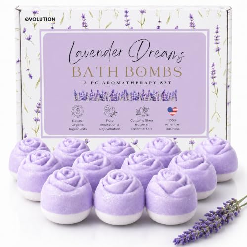 EvolutionUSA Lavender Dreams Bath Bombs for Women, 12 Organic Flower Bath Bombs, Soft Lavender Bath Bombs, Womens Bath Bombs Gift, Lush Bath Bombs for Girls, Relaxing Bathbombs, Bath Balls