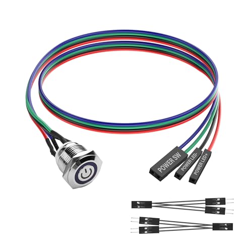 SinLoon Interruptor de ordenador DIY botón de encendido 16MM LED PC Interruptor de alimentación con divisor 1 a 2 aluminio niquelado botón mecánico IP67 resistente al agua (retroiluminación azul