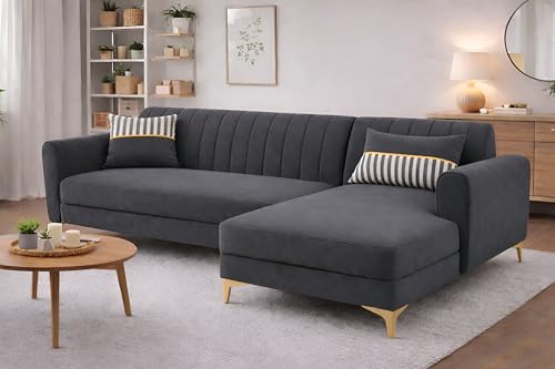 Image of Adorn India Premium Luster 6 Seater L Shape Sofa Set | Velvet Suede Fabric | 3-Year Warranty | RHS |Color Dark Grey with Golden Legs & Striped Pattern Cushion