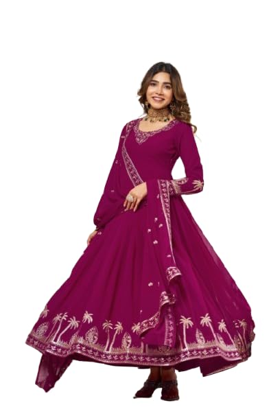 Women’s Faux Georgette Anarkali Gown Set with Dupatta & Pant | Embroidered Thread & Sequin Work Ethnic Dress | Full Sleeve Kurti Set-image-43