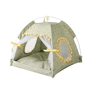 Cat Bed Tents Dog House Indoor Outdoor Lace Mesh Breathable Windows Door Curtains Removable Portable Nest Teepe House (Small,Green&Yellow)