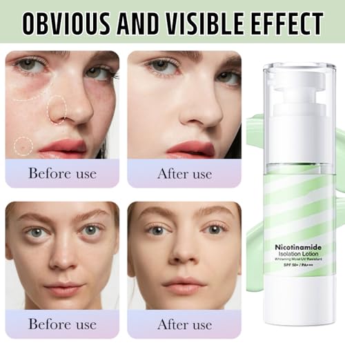 Green Colour Corrector Make up Primer, Anti Redness Primer Makeup with SPF50+, Durable UV Resistance Face Primer with Nicotinamide, Hydrating Isolation Lotion, Concealer & Brighten Skin Tone - Image 7