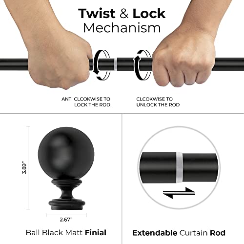Image of Deco Window 36 to 66 Inch Adjustable Curtain Rod for Window & Door with Ball Finials Extendable Iron Pole for Home Hotel Living Drawing Room (1 inch Diameter, Black)