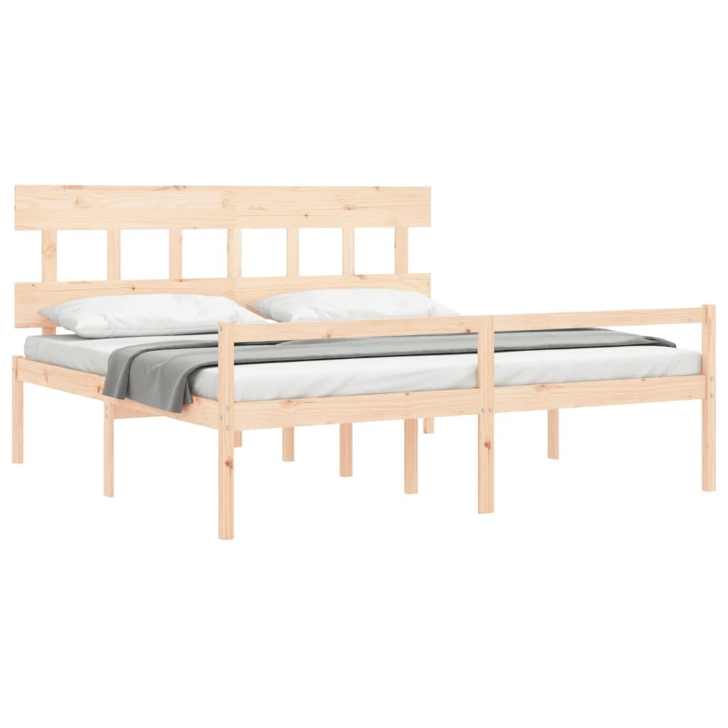 Lite drewno sosnowe z podwyższonym wezgłowiem 45 cm Brąz 200 x 200 cm | Łóżko dla seniora 200x200 z zagłówkiem, lite drewno sosnowe, rama 45 cm, przechowywanie pod łóżkiem