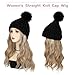 Qlenkay Beanie with 14'' Hair Extention Curly Wavy Wig Hat Rib Knit Cap Attached Synthetic Hairpiece Detachable Pom for Winter Women Ginger Brown Mix Bleach Blonde