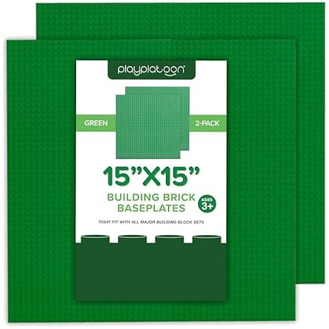 Play Platoon 15 Inch x 15 Inch Baseplate for Building Bricks - Extra Large Landscape for Building Blocks - Green Classic Platform Baseplates Compatible with All Major Brands, 2 Pack Cover