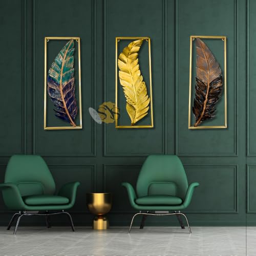 Image of SNS DECOR Metal Frame Leaf Set of 3 Wall Art Decorations | Modern Luxury Metal Wall Art Decor, | Perfect 3D Wall Sculpture For Living Room, Restaurant, Hotel & Office (Multi)