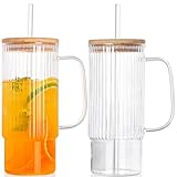 SIPBYSOP 2PCS 32oz Glass Tumbler with Handle – Vintage Ribbed Drinking Cups with Lids & Straws, Large Iced Coffee Mug for Water, Smoothies, and Summer Beverages