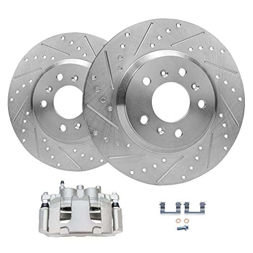 Image of Detroit Axle - Front Drilled & Slotted Rotors + Right Brake Caliper Replacement for 2006-2013 Chevrolet Impala Monte Carlo Buick Lucerne - 3pc Set