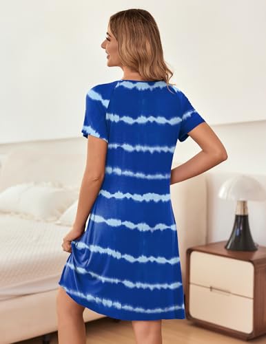 Image of Ekouaer Sleep Shirts for Women Short Sleeve Nightshirts Pleated Nightgowns Loose Fit Night Dress Soft Sleepwear Tie Dye Blue M