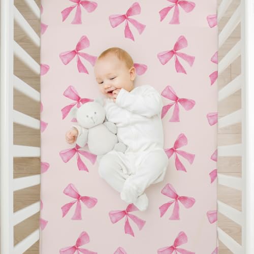 Image of 4 Pack Pink Bow Crib Sheet Set for Baby Girl, Soft Breathable Fitted Crib Sheet 28 x 52 in, Nursery Decor for Standard Crib and Toddler Bed Mattresses