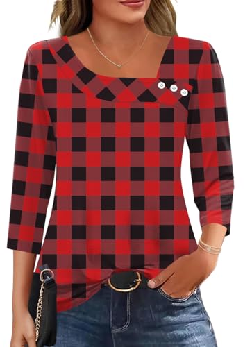 LOMON Long Sleeve Blouses Buffalo Checked Asymmetrical Tops Red Black Plaid Fall Flannel Shirts Ladies Dressy Tees, L