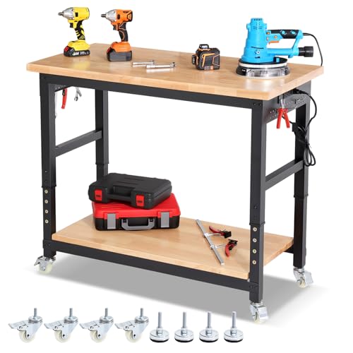 ENJOYWOOD Workbench with Wheels 48 Inch Adjustable Height Work Table with Under Table Shelf, Pegboard, Power Outlets Work Bench for Garage, Home, Office, Workshop