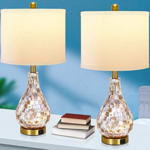 TPAMSWO Modern Coastal Table Lamps Set of 2, Natural Mother of Pearl Tiles 23.5" Bedside Lamp, for Bedroom Living Room Home Nightstand Table Lamp(with USB C+A 5V 2.1A Charging Ports) - Image 2