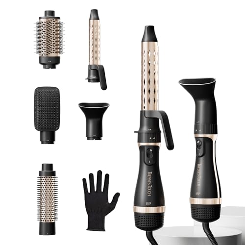 Hair Dryer Brush, 5-in-1 Blow Dry Hair Brush, Multi Hot Air Styler for Drying and Styling Volumizing Curling Sleeking in One Step, Ceramic Coating, Less Frizz, 3 Temperatures, UK Plug, Black Gold