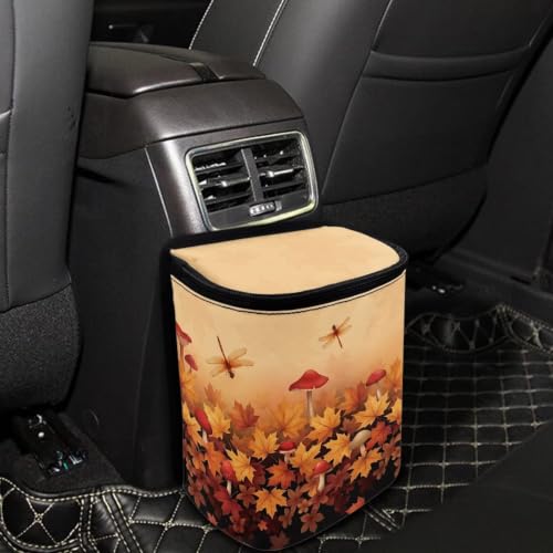 Image of Talayituse Dragonfly Maple Leaf Mushroom Print Car Trash Can with Lid, Leak Proof Auto Trash Bag Hanging Vehicle Garbage Can Multipurpose Storage Container for Back Seat Road Trip Fall Decor