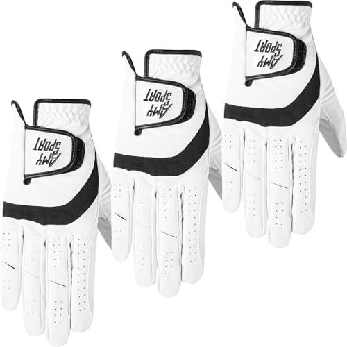 Image of Amy Sport Golf Gloves Men Left Hand 3 Pack Right Hand PU Leather All Weather Grip Soft Breathable Flexible for Golfers Size Small Medium ML Large XL (White-3 Pack, X /Large, Worn on Right Hand)