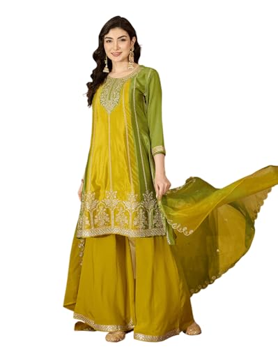 Image of Amazon Brand - Tavasya Women Poly Chinon Zari Sequence Cording Embroidered Regular Fit Kurta Set | Salwar Suit