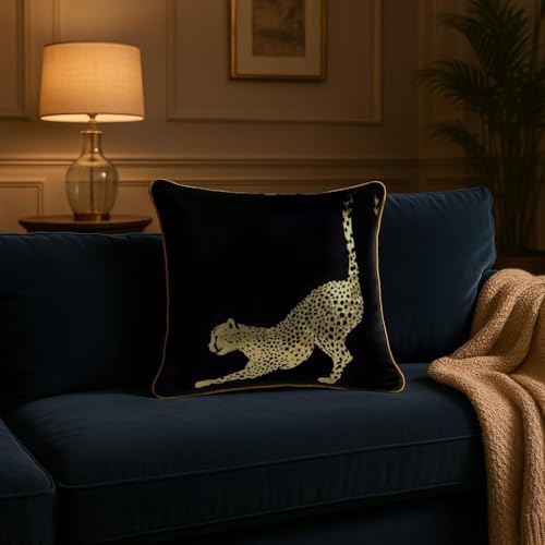 Image of Black Velvet Cushion Cover Set of 2 | 16x16 Inch | Gold Leopard Cheetah Print | Fancy Designer Sofa Cushion Covers | Animal Print Velvet Cushion Cover for Living Room Bedroom