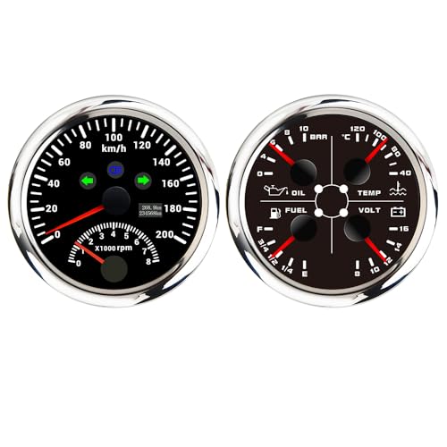 ELING Compteur de vitesse GPS 2 en 1 de 85 mm compteur kilométrique avec tachymètre compte-tours du moteur avec niveau de carburant multifonction 4 en 1