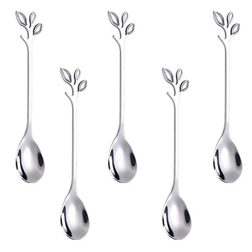 Coffee Spoon setAnSaw 5 Pcs 47 teaspoonsCreative Silver Leaf Dessert Spoons Premium Food Grade Stainless SteelMirror Finish Dishwasher Safe Silver 5