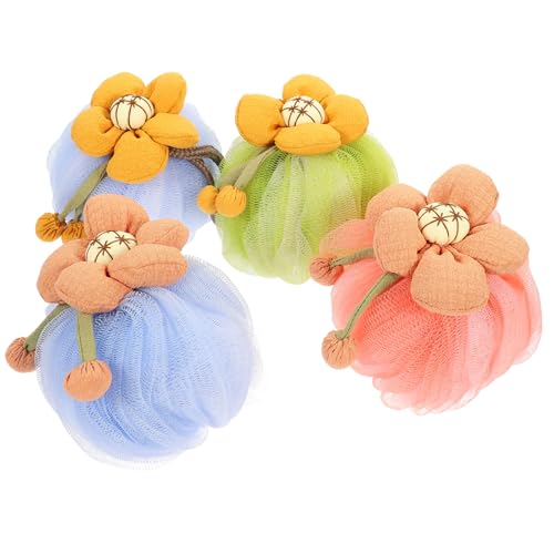 MUCKLILY 4Pcs Cartoon Shower Loofah Balls Soft Bathing Skin Scrubber for Adults Easy Bubble Production Gentle Exfoliating Bath Sponge for Relaxing Daily Cleansing