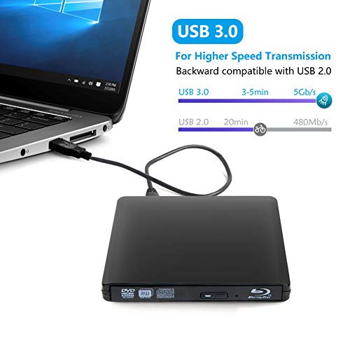 External Blu Ray DVD Drive Burner, Portable Ultra USB 3.0 Slim Blu Ray CD DVD Burner Player Reader Writer Disk for Mac OS, Windows 7/8.1/10 /Linxus, Laptop, PC (Black)