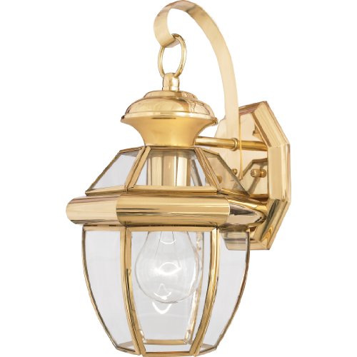 Quoizel Newbury Outdoor Wall Lantern, 12 Inch 1-Light Polished Brass Wall Sconce, French Country Exterior Wall Lantern Fixture, E26 Base, Clear Glass, Outside Lights for Patio, Porch, Garage or Yard