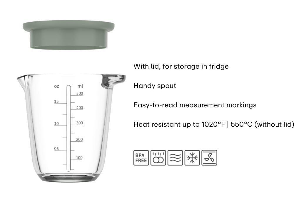 Mepal Szklany Dzbanek z Miarką i Pokrywką Chef it, Łatwa do Odczytania Skala, Bezpieczny w Mikrofalówce i Piekarniku, Nadaje się do Zmywarki, 500 ml, Nordic sage