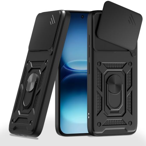Image of Pikkme Back Cover for iQOO 15R 5G | 360 Protection Case | Sliding Camera Shield Cover & Ring Holder Stand D10 Tough Armor Bumper Case (Black)