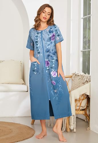 Image of Ekouaer Women Robe Zipper Short Sleeves Full Length House Coat with Pockets