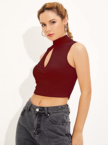 Image of Shasmi Women's & Girl's Black and Maroon Solid Ribbed High Neck Stand Collar Sleeveless Slim Fit Cut Out Tank Tops (Top 43)