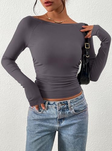 PRETTYGARDEN Long Sleeve Shirts for Women 2025 Fall Ruched Sides Boat Neck Basic Tee Casual Fitted Ribbed Knit Crop Tops
