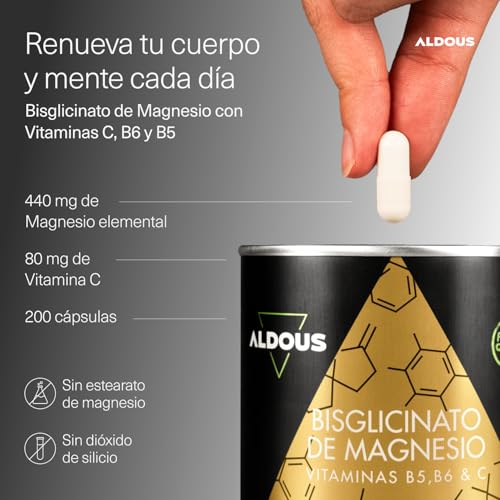 Miniatura 2 de Magnesio Bisglicinato - 200 Cápsulas - Vitamina C, B6, B5 - Bisglicinato De Magnesio Alta Biodisponibilidad - Vitaminas Para El Cansancio - Huesos, Articulaciones, Músculos - Glicinato - Aldous