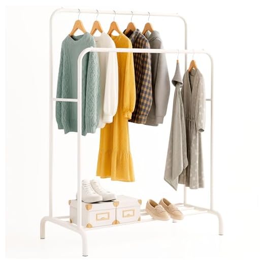 edihome, Burro Ropa, Perchero Colgador de Ropa, Doble, Vestidor, 110X150X54 cm, Resistente, Metálico, con Soporte para Zapatos, Organizador, Montaje Fácil (Blanco)