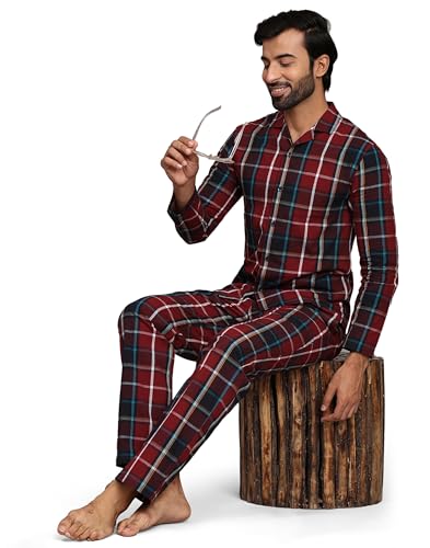 Image of B STORIES Men's 100% Cotton Full Sleeve PJ Set - Checkered Nightwear Set | Soft Loungewear | Comfortable Sleepwear | Stylish Casual Home Wear Shirt & Pant (S-XXL)