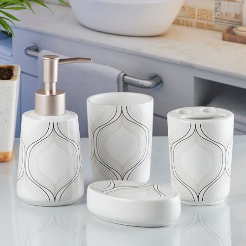 Image of Kookee Ceramic Bathroom Set - Stylish 4 Piece Bath Accessories Kit with Soap Dispenser, Toothbrush Holder, Tumbler & Soap Dish - Modern & Designer Decor for Home & Guest Bathrooms, White /Black (10167)