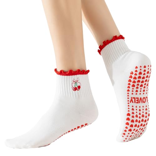 Image of BISOUSOX Pilates Socks Cute Grippy Socks Woman, Ruffle Frilly Grip Ankle Lettuce Dress Yoga Non Slip Sock Size 5 7-9